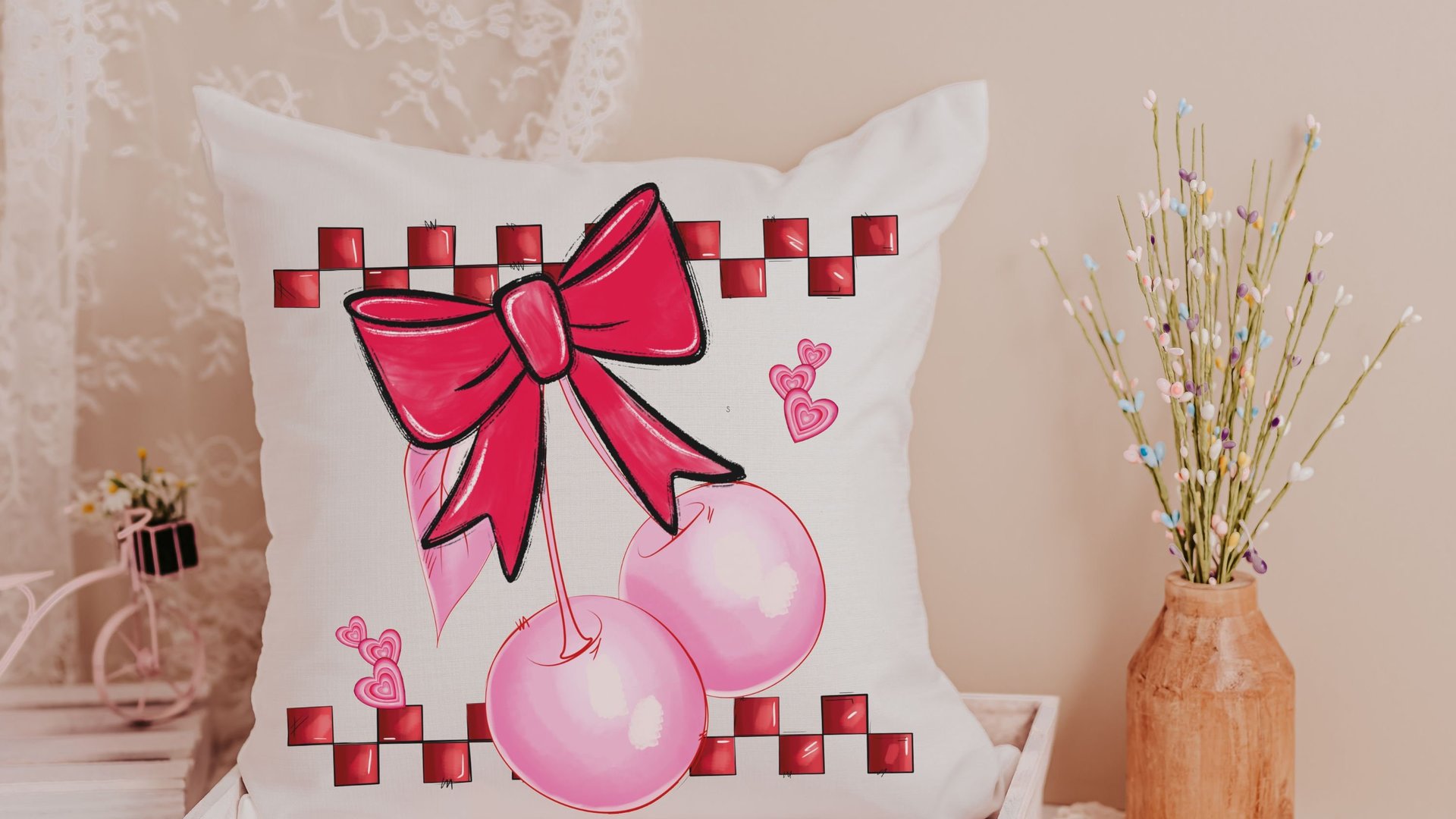 cherry bow Valentines kitchen towel for friends, rockabilly decor, cute Valentines gifts for girlfriend, 1950s inspired retro kitchen decor