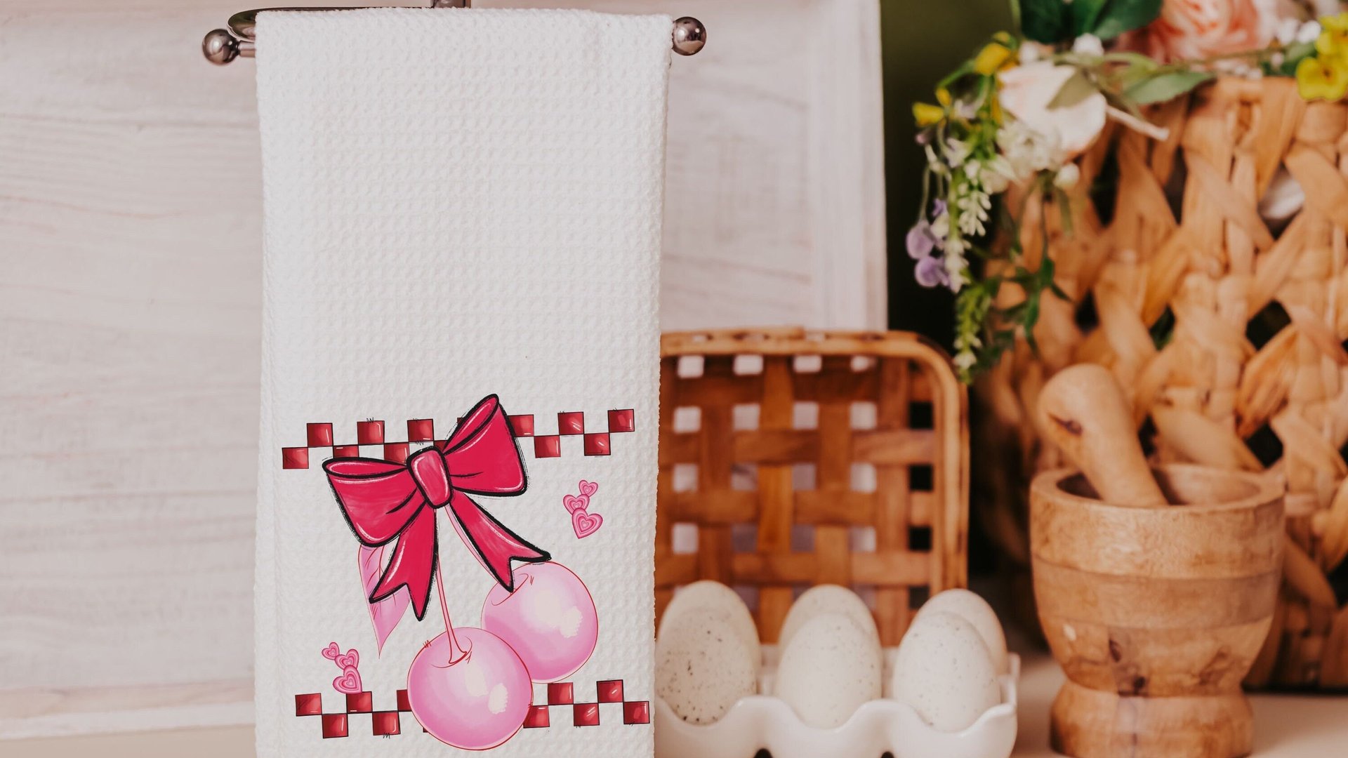 cherry bow Valentines kitchen towel for friends, rockabilly decor, cute Valentines gifts for girlfriend, 1950s inspired retro kitchen decor