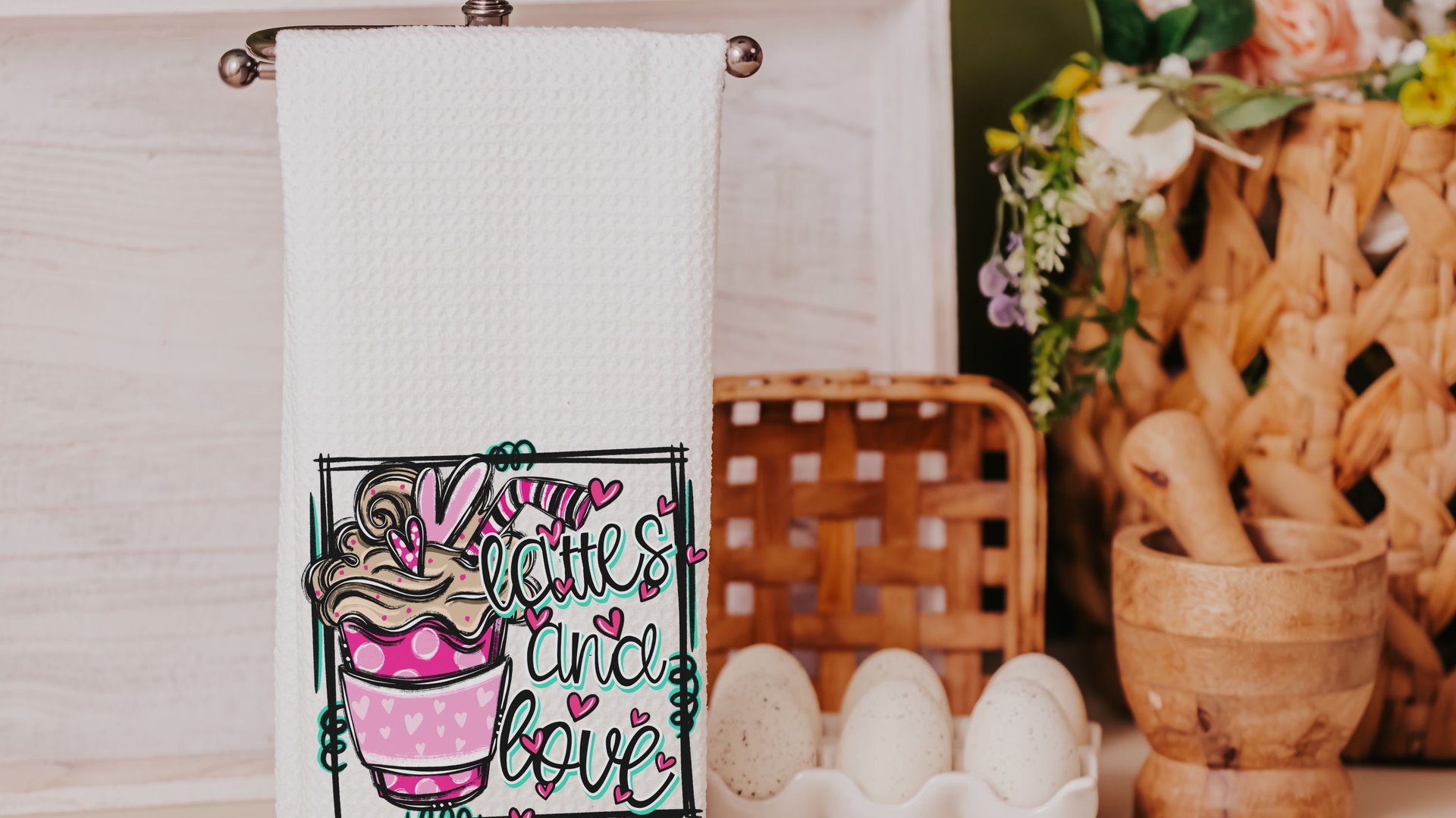 latte eggspert Easter kitchen towels for Mom, cute kitchen hand towels for bathroom, Easter gifts for adults, Easter hostess gifts for women