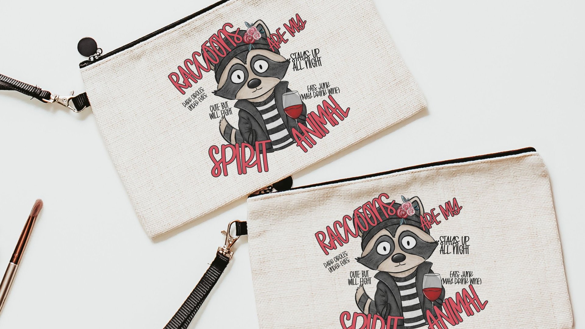 spirit animal funny raccoon makeup bag for women, sarcastic gifts for her, trash panda cosmetic bag for purse, cute but feral snarky gifts