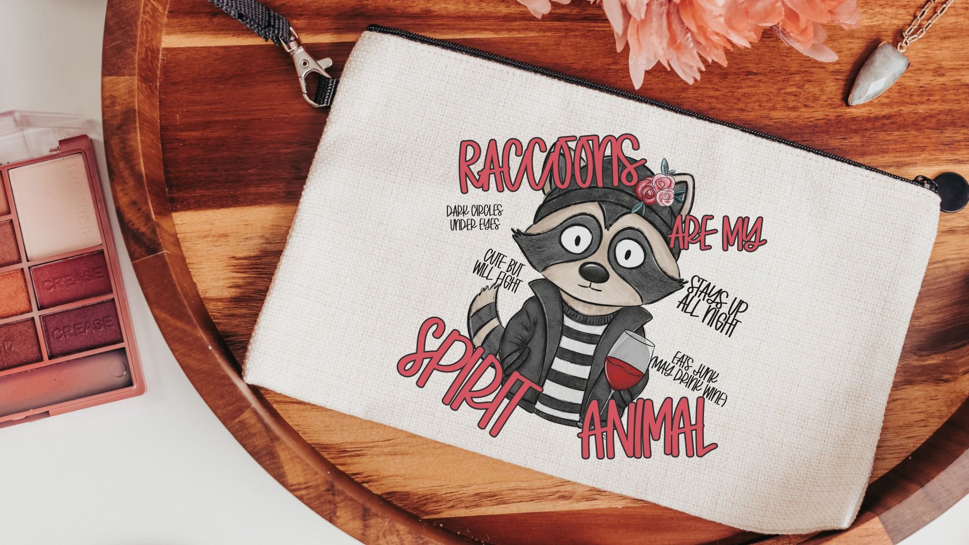 spirit animal funny raccoon makeup bag for women, sarcastic gifts for her, trash panda cosmetic bag for purse, cute but feral snarky gifts