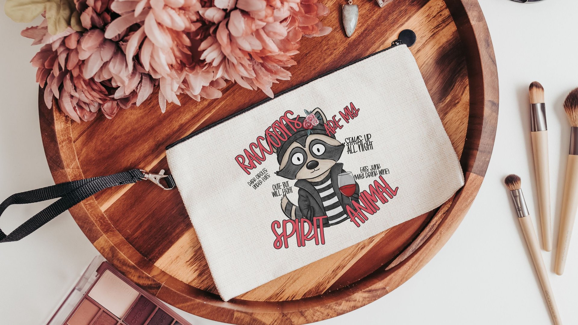 spirit animal funny raccoon makeup bag for women, sarcastic gifts for her, trash panda cosmetic bag for purse, cute but feral snarky gifts