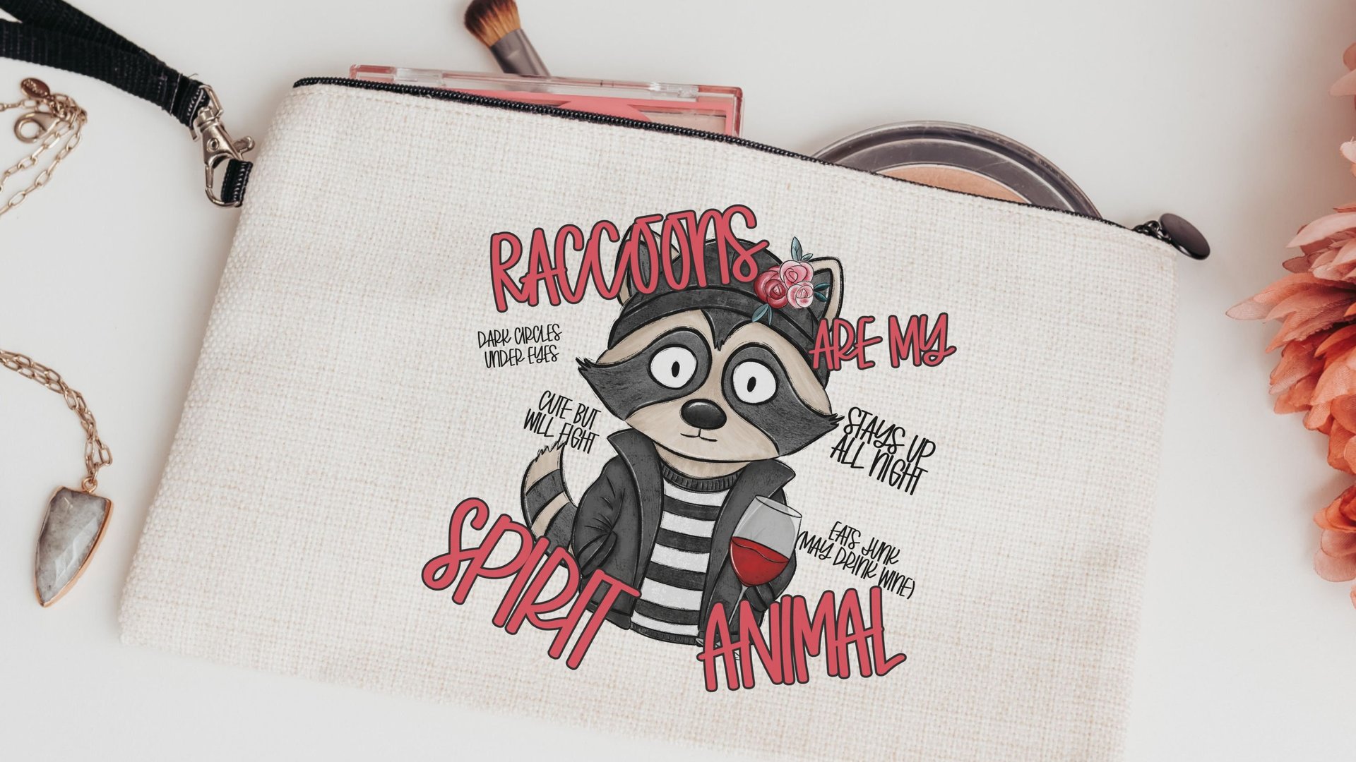 spirit animal funny raccoon makeup bag for women, sarcastic gifts for her, trash panda cosmetic bag for purse, cute but feral snarky gifts