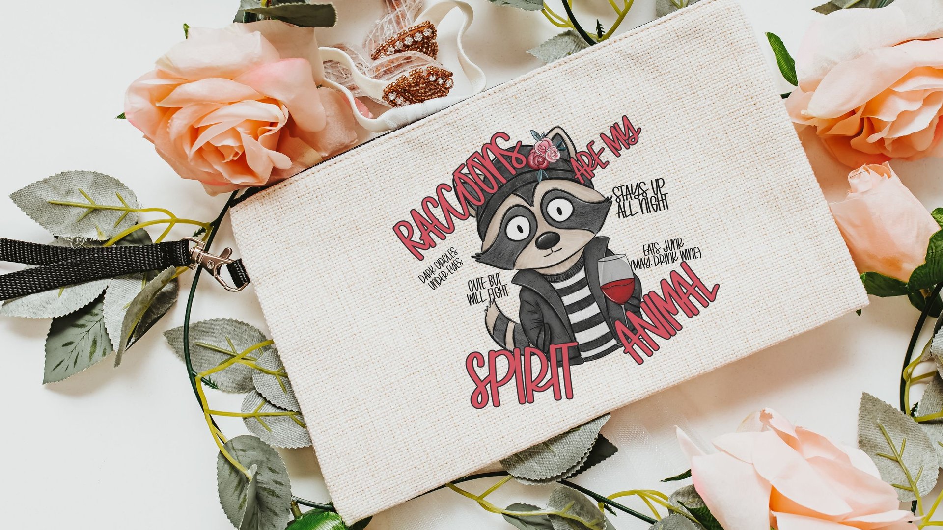 spirit animal funny raccoon makeup bag for women, sarcastic gifts for her, trash panda cosmetic bag for purse, cute but feral snarky gifts