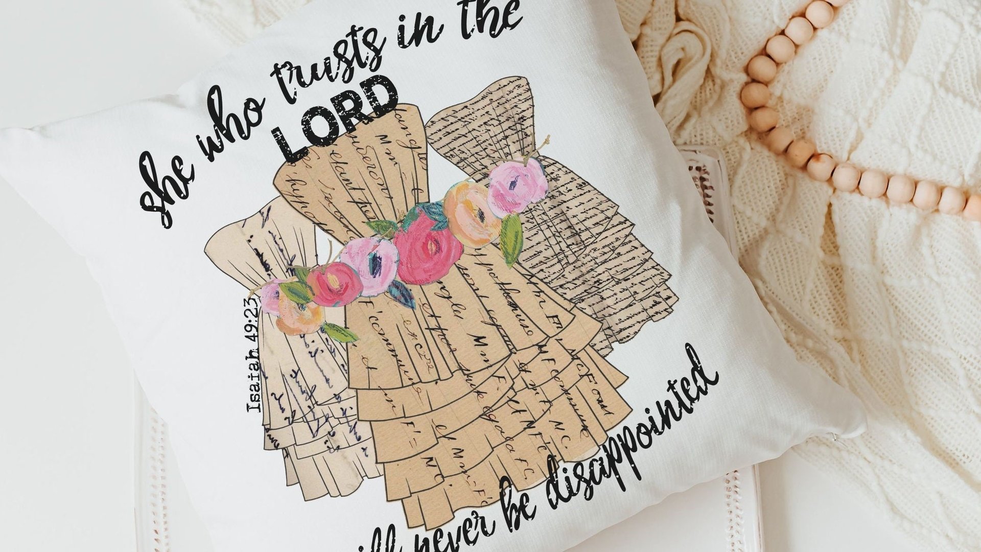 Isaiah 49 Bible verse throw pillow for dorm, Christian gifts for women faith gifts for her, scripture decor, floral throw pillow cover 18x18