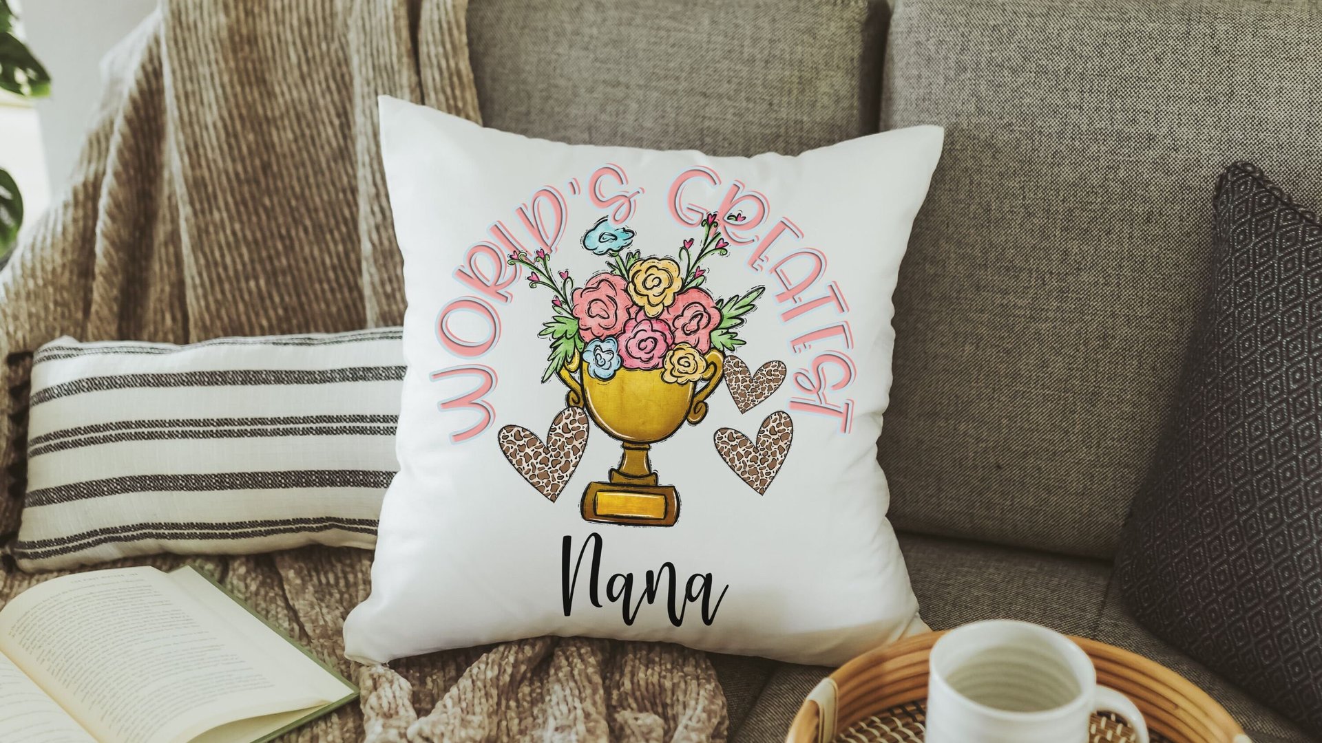 personalized worlds greatest grandma floral throw pillow for Mom, sentimental Mothers day gifts for Nana, Mimi gifts from grandkids, leopard