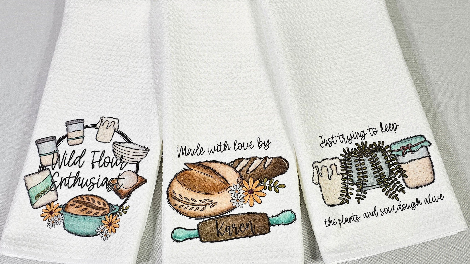 wild flour enthusiast baking kitchen towels for bridal shower, cottage bakery bread baker merch, sourdough mama sourdough kitchen decor
