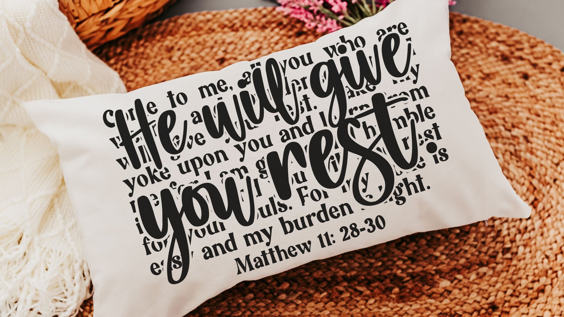 come unto me I will give you rest Bible verse throw pillow for bed, inspirational Christian gifts for sister, Matthew 11 28 scripture pillow