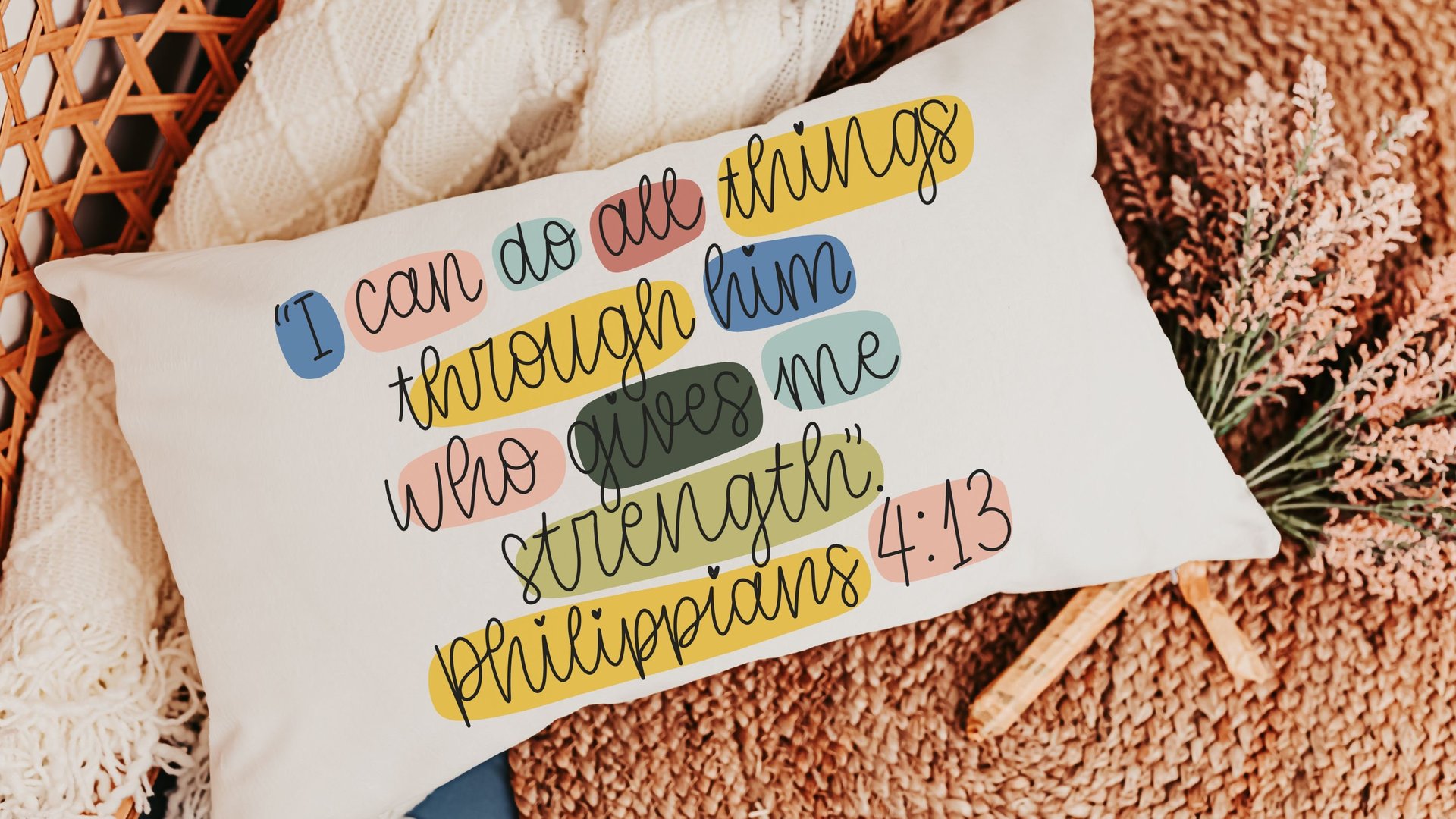I can do all things through Christ faith throw pillow for bed, Philippians 4 13 colorful Christian lumbar pillow cover 12x20, adult baptism
