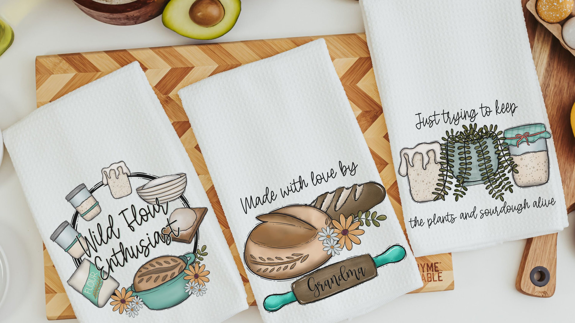 wild flour enthusiast baking kitchen towels for bridal shower, cottage bakery bread baker merch, sourdough mama sourdough kitchen decor