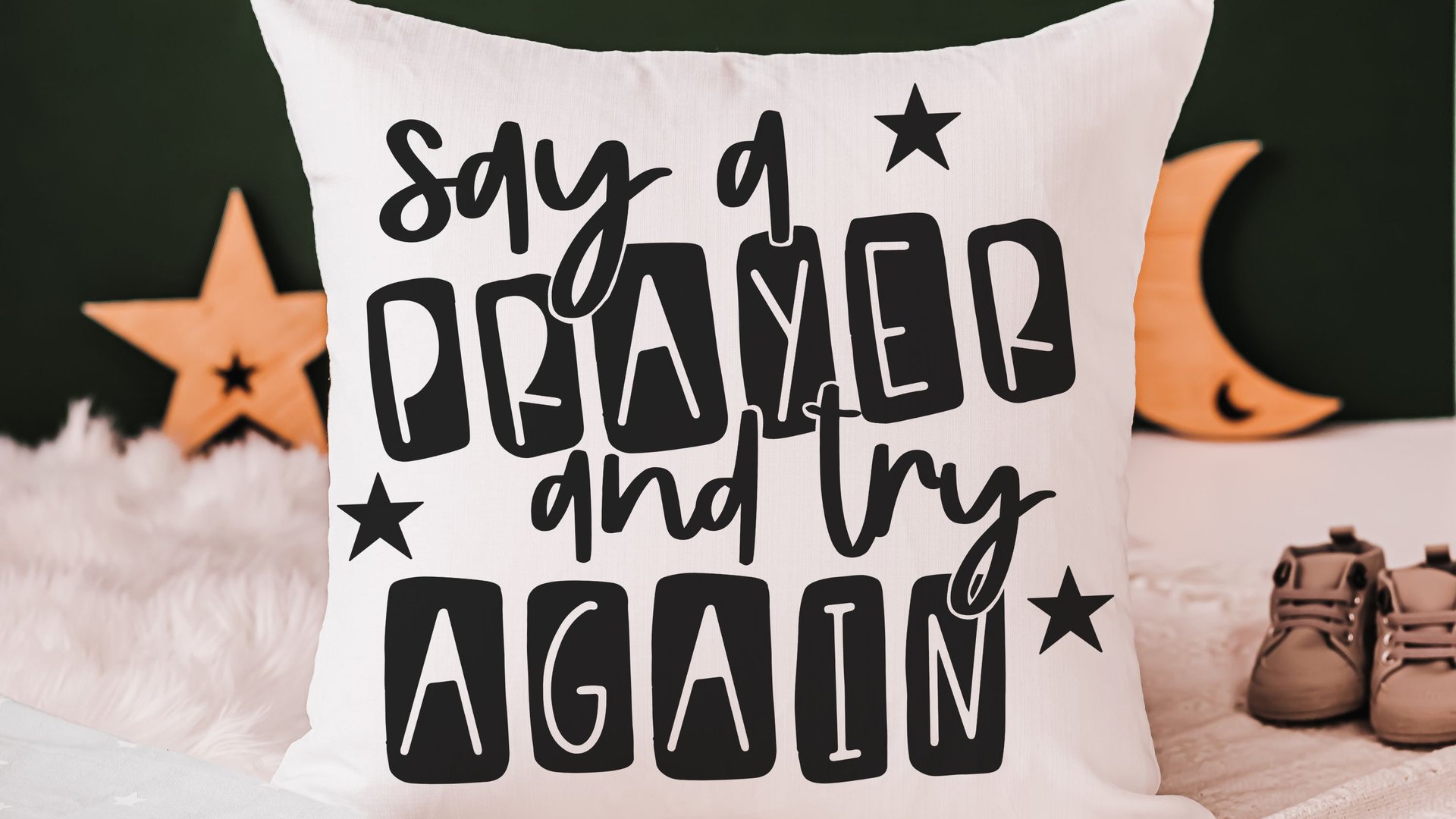 say a prayer inspirational throw pillows for kids, try again never give up motivational decor, Christian baby gifts, gender neutral nursery