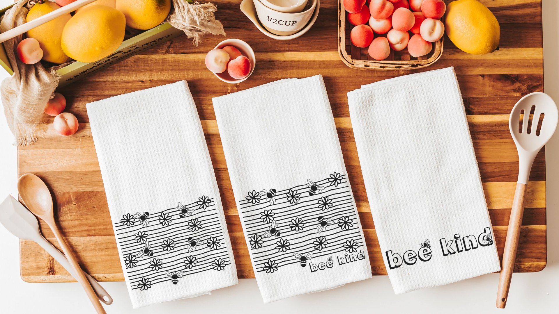 bee kind spring kitchen towels, honey bee gifts for women, bumble bee kitchen decor, black and white daisy hand towels for powder room, best