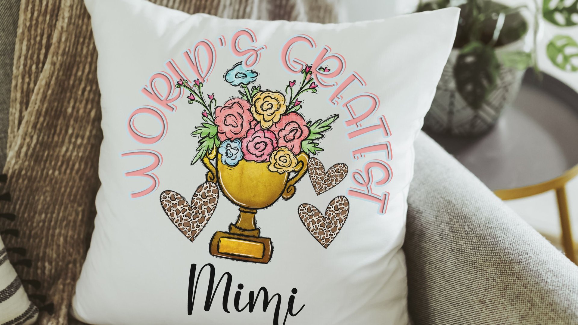 personalized worlds greatest grandma floral throw pillow for Mom, sentimental Mothers day gifts for Nana, Mimi gifts from grandkids, leopard