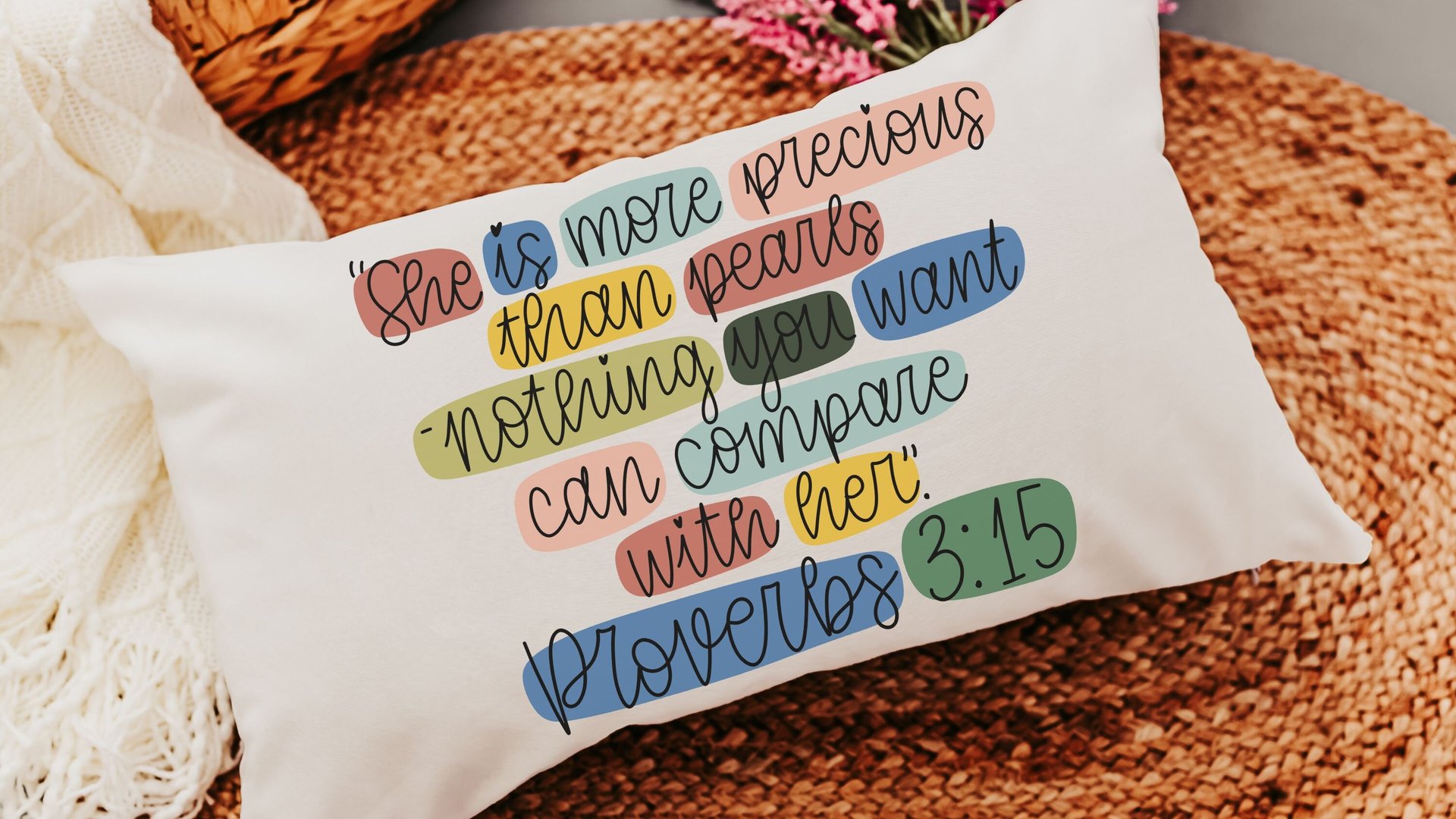 she is more precious than rubies Proverbs 3 15 Bible verse throw pillow for bed, inspirational Christian gifts for daughter, scripture throw