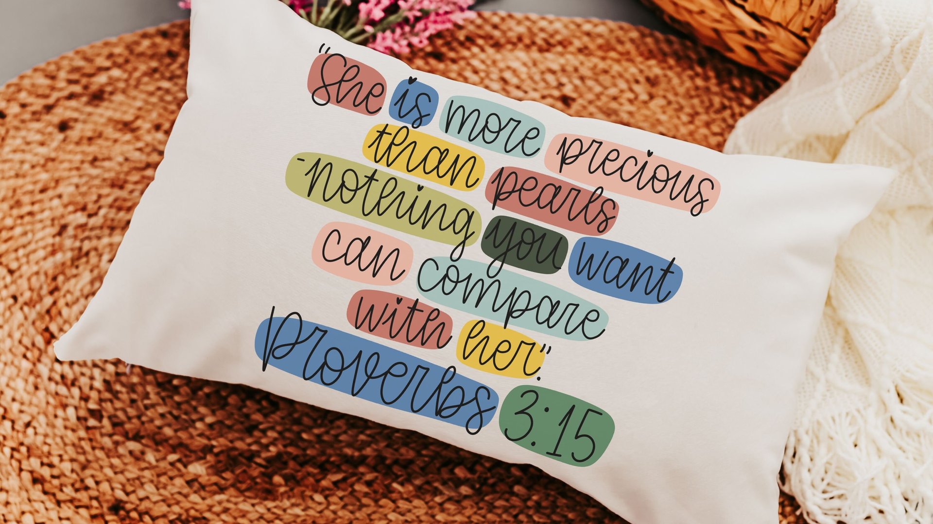 she is more precious than rubies Proverbs 3 15 Bible verse throw pillow for bed, inspirational Christian gifts for daughter, scripture throw