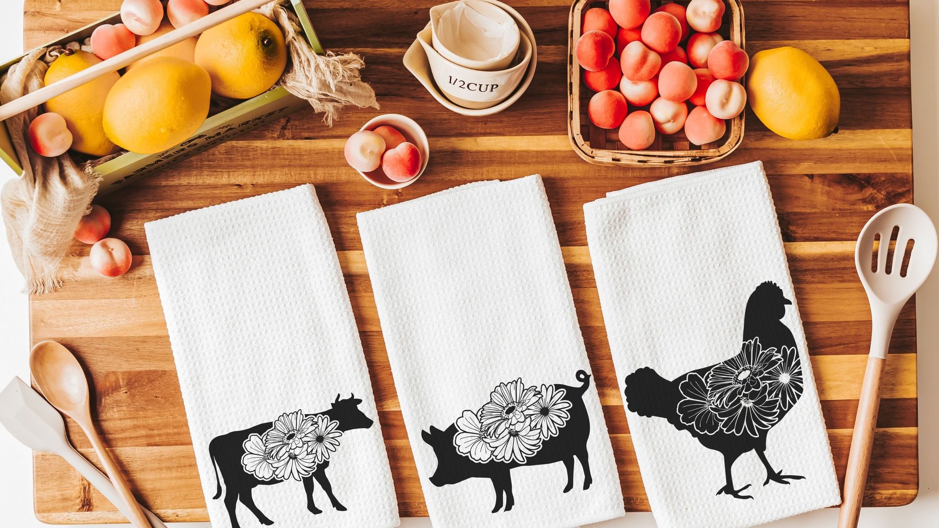floral cow kitchen towels for Spring, black and white farmhouse kitchen decor, cute cow gifts for cow lovers, flower kitchen hand towels for