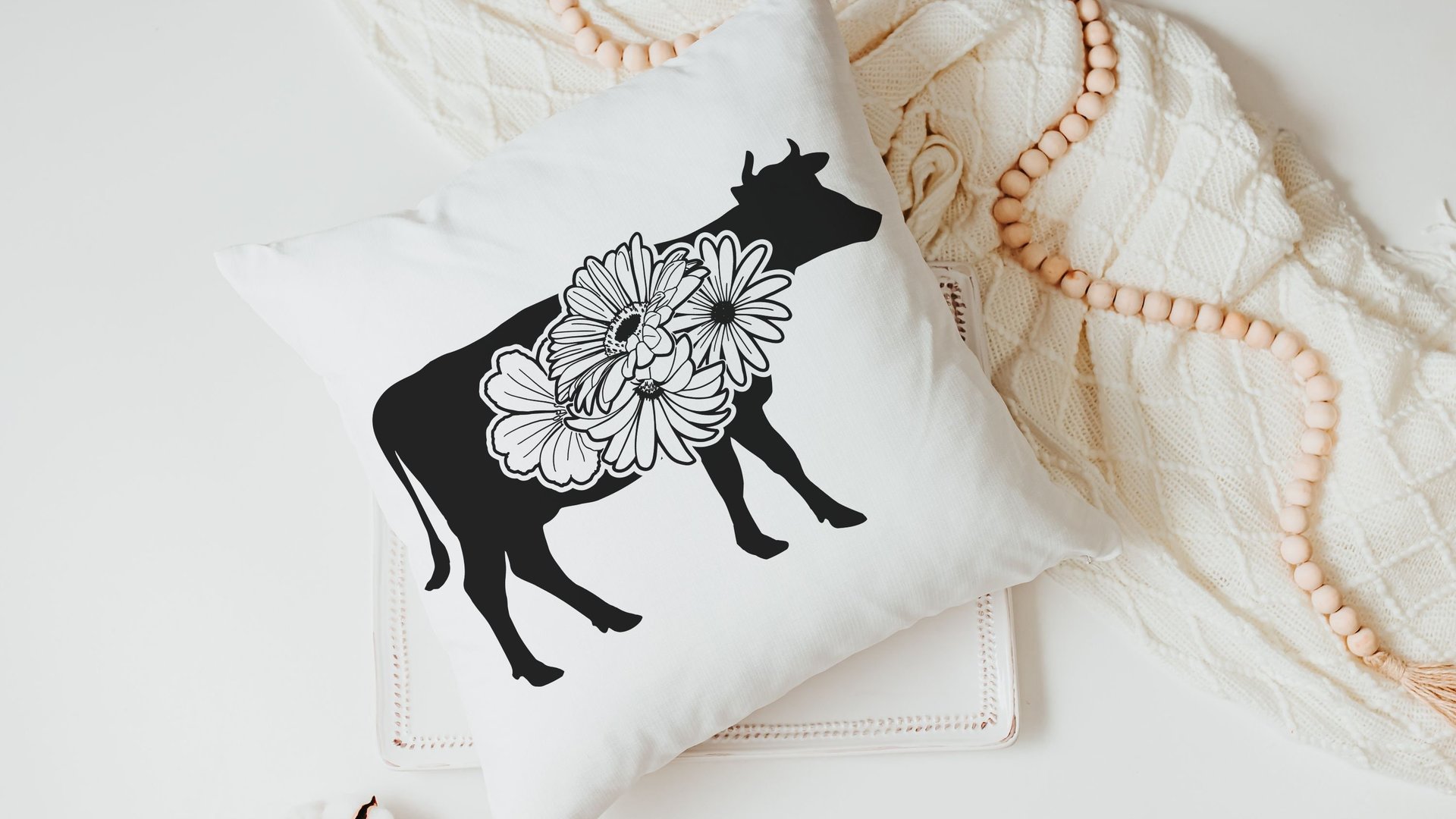 floral cow throw pillows for couch, black and white farmhouse decor living room throw pillow covers 18x18, cute cow gifts for cow lovers