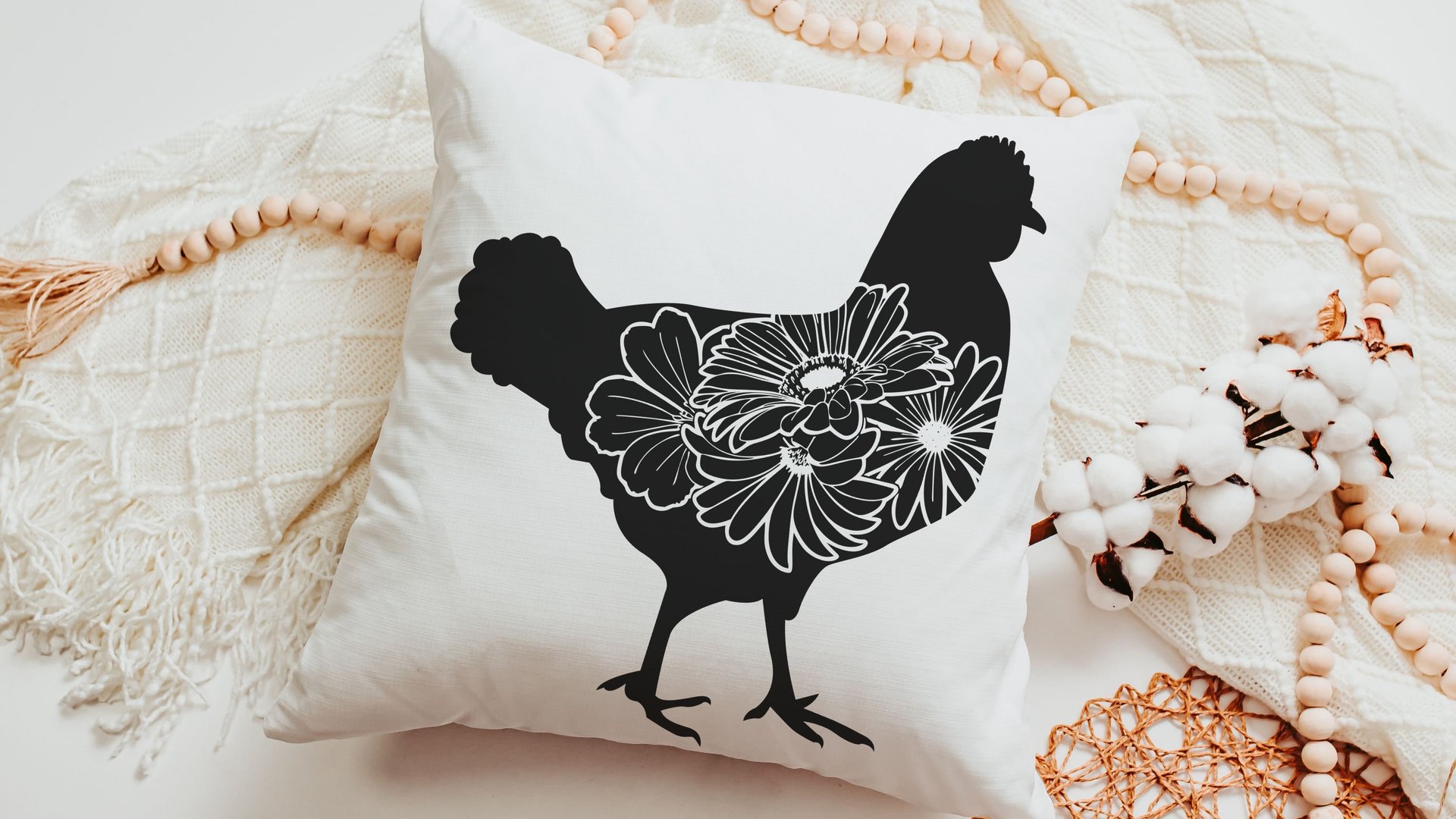 floral chicken throw pillows for couch, black and white farmhouse decor living room throw pillow covers 18x18, cute chicken gifts for women