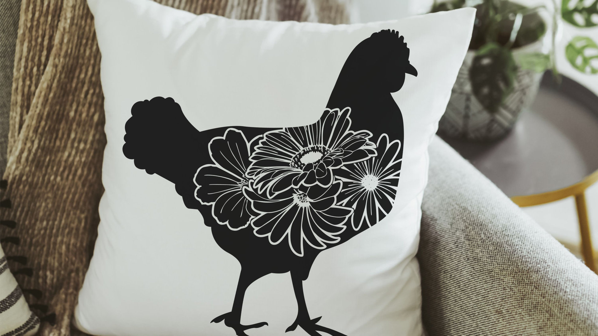 floral chicken throw pillows for couch, black and white farmhouse decor living room throw pillow covers 18x18, cute chicken gifts for women