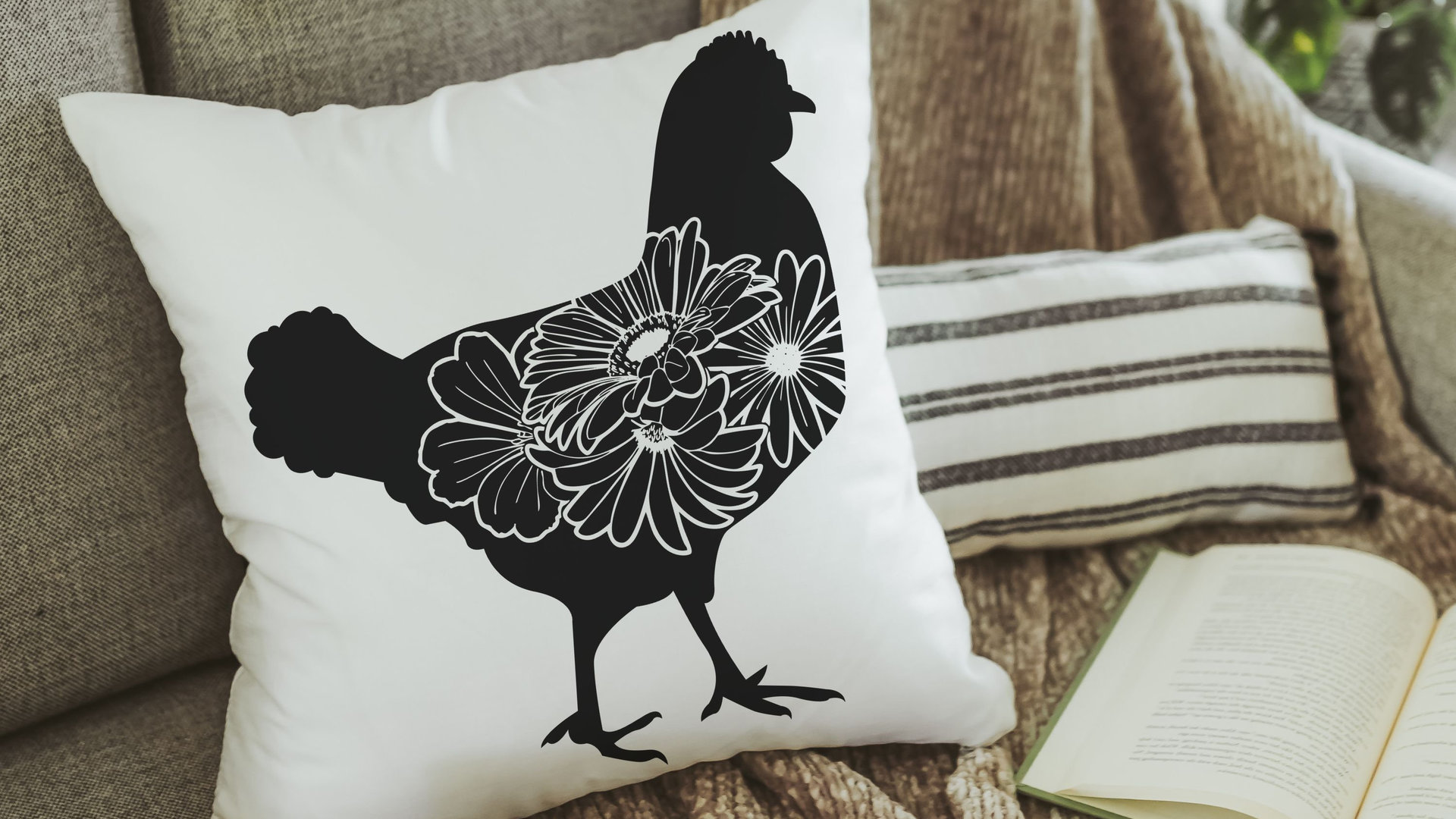 floral chicken throw pillows for couch, black and white farmhouse decor living room throw pillow covers 18x18, cute chicken gifts for women