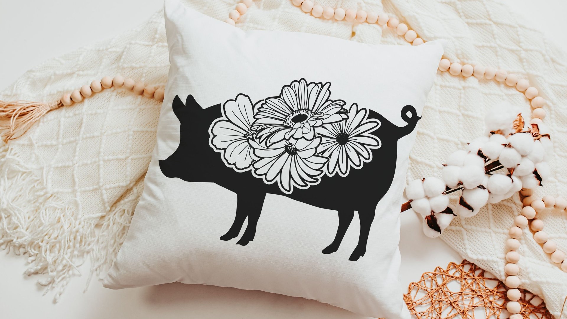 floral pig throw pillows for couch, black and white farmhouse decor living room throw pillow covers 18x18, cute pig gifts for pig lovers