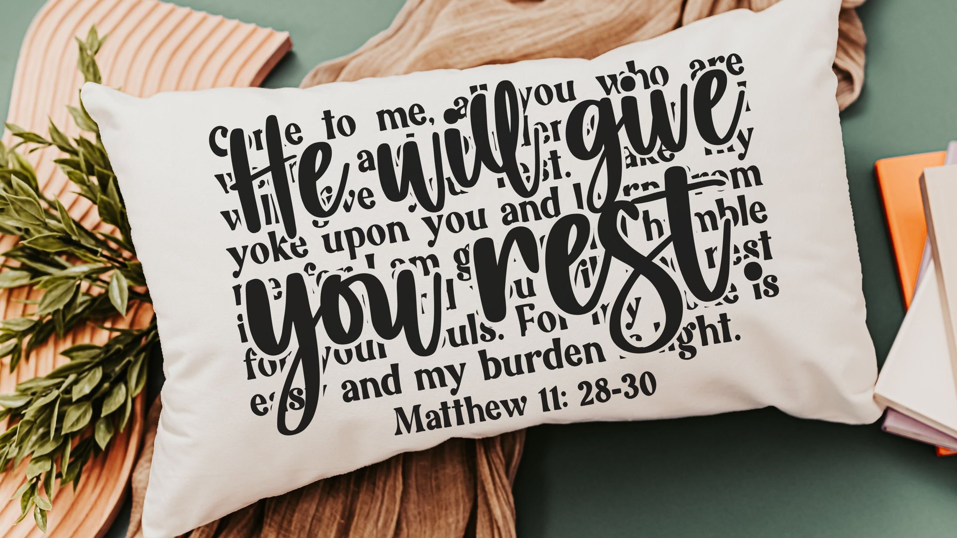 come unto me I will give you rest Bible verse throw pillow for bed, inspirational Christian gifts for sister, Matthew 11 28 scripture pillow