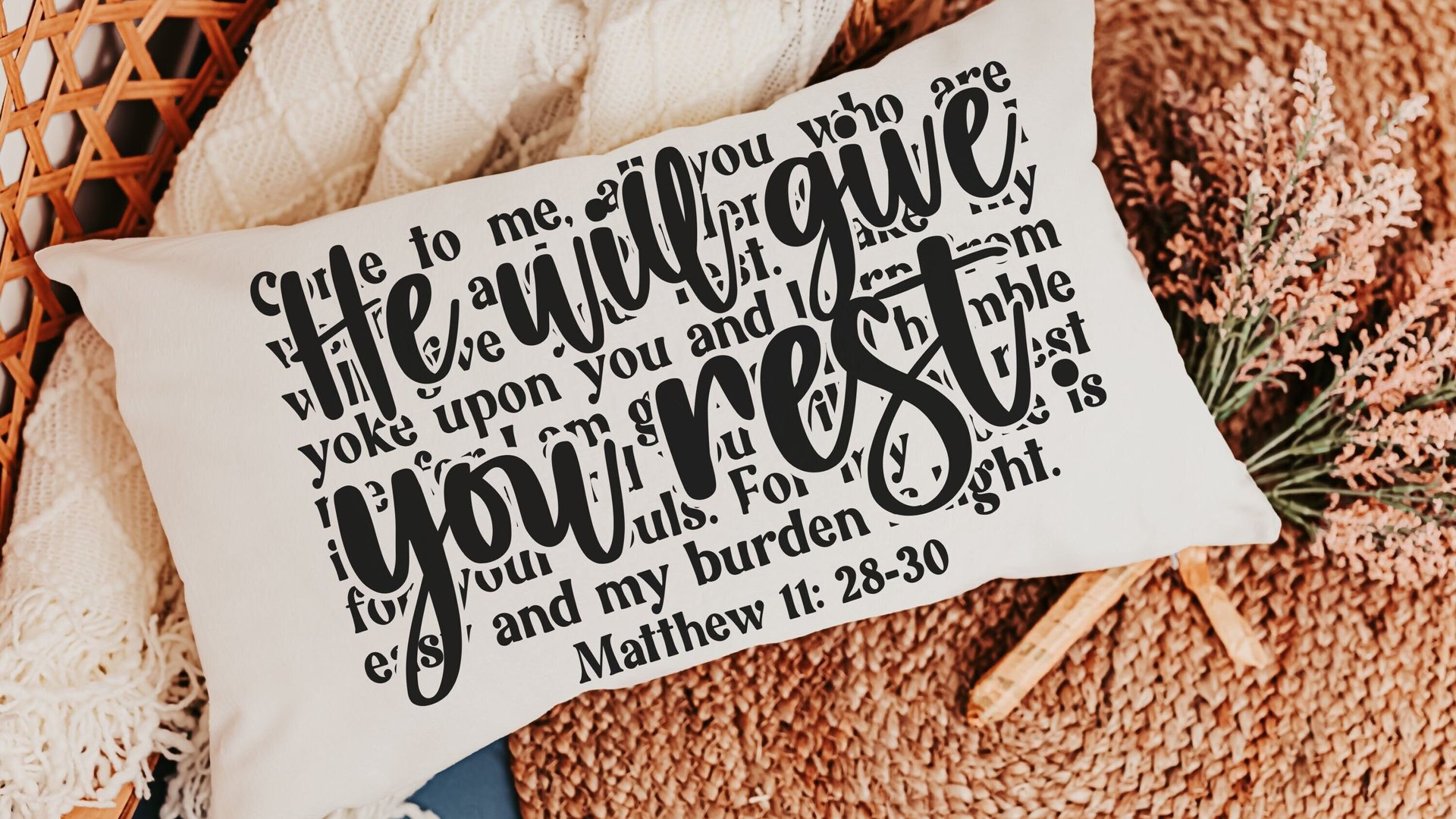 come unto me I will give you rest Bible verse throw pillow for bed, inspirational Christian gifts for sister, Matthew 11 28 scripture pillow