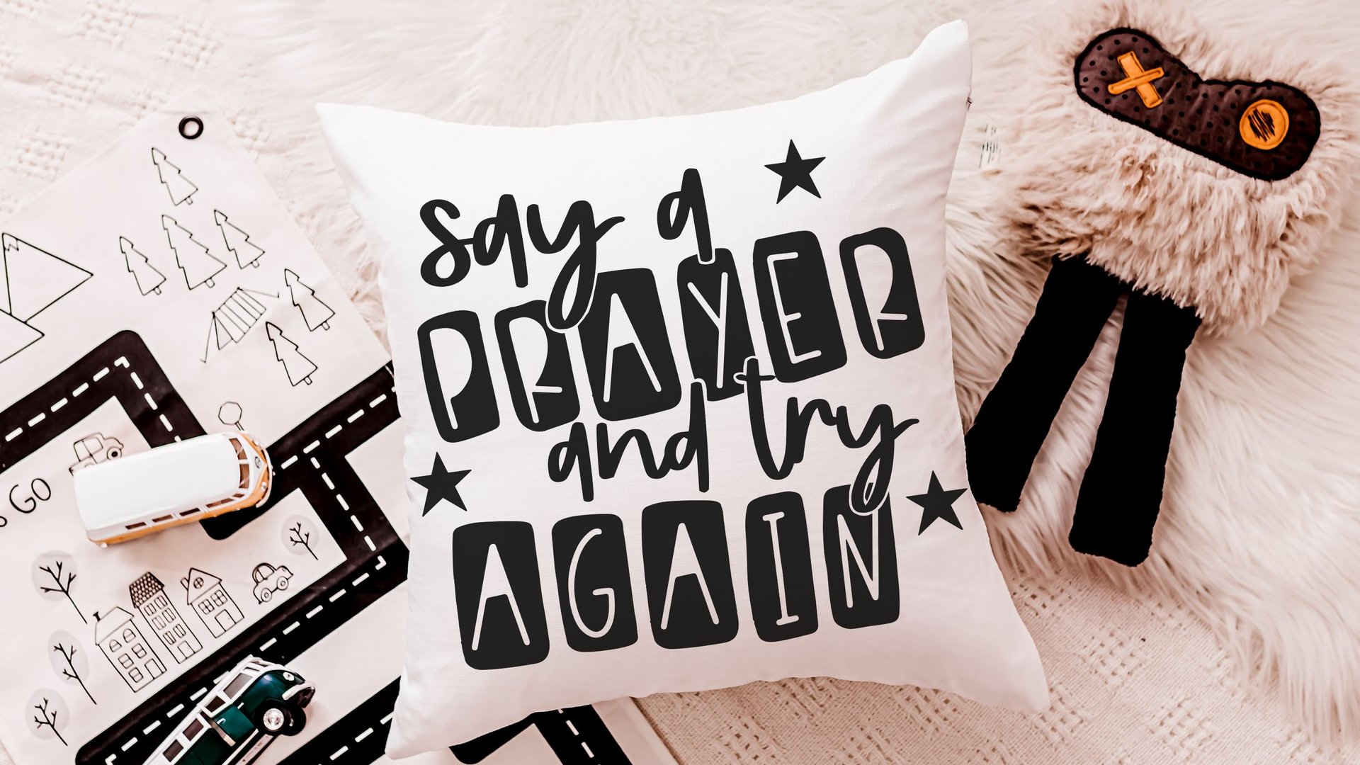 say a prayer inspirational throw pillows for kids, try again never give up motivational decor, Christian baby gifts, gender neutral nursery