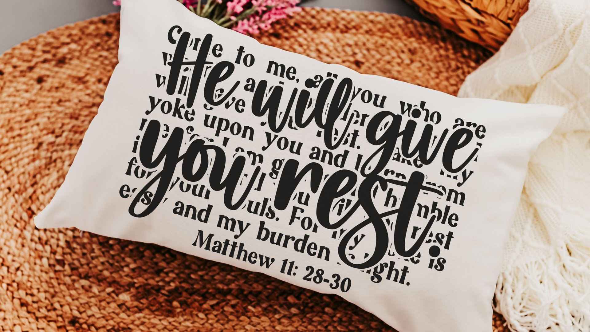 come unto me I will give you rest Bible verse throw pillow for bed, inspirational Christian gifts for sister, Matthew 11 28 scripture pillow