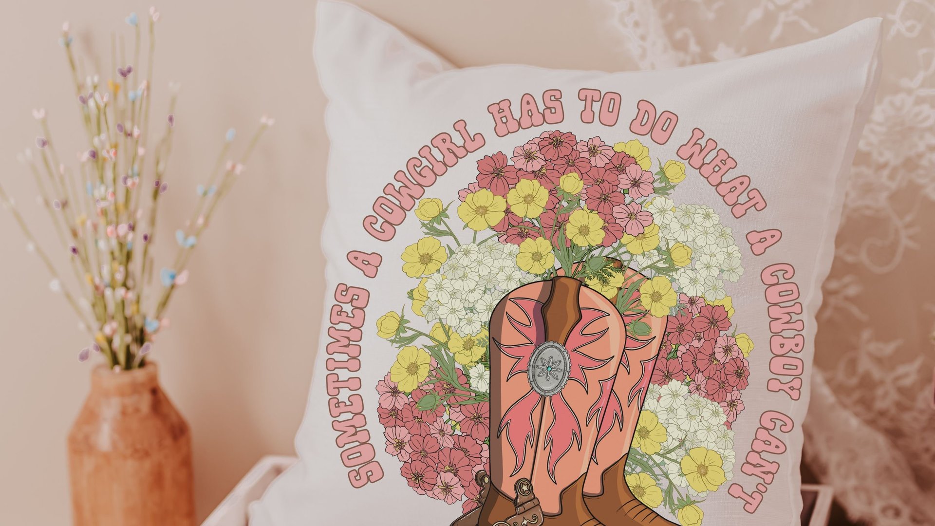 cowgirl throw pillow for couch, girl power gifts, country western nursery decor girl, female empowerment reading nook pillow, country girl