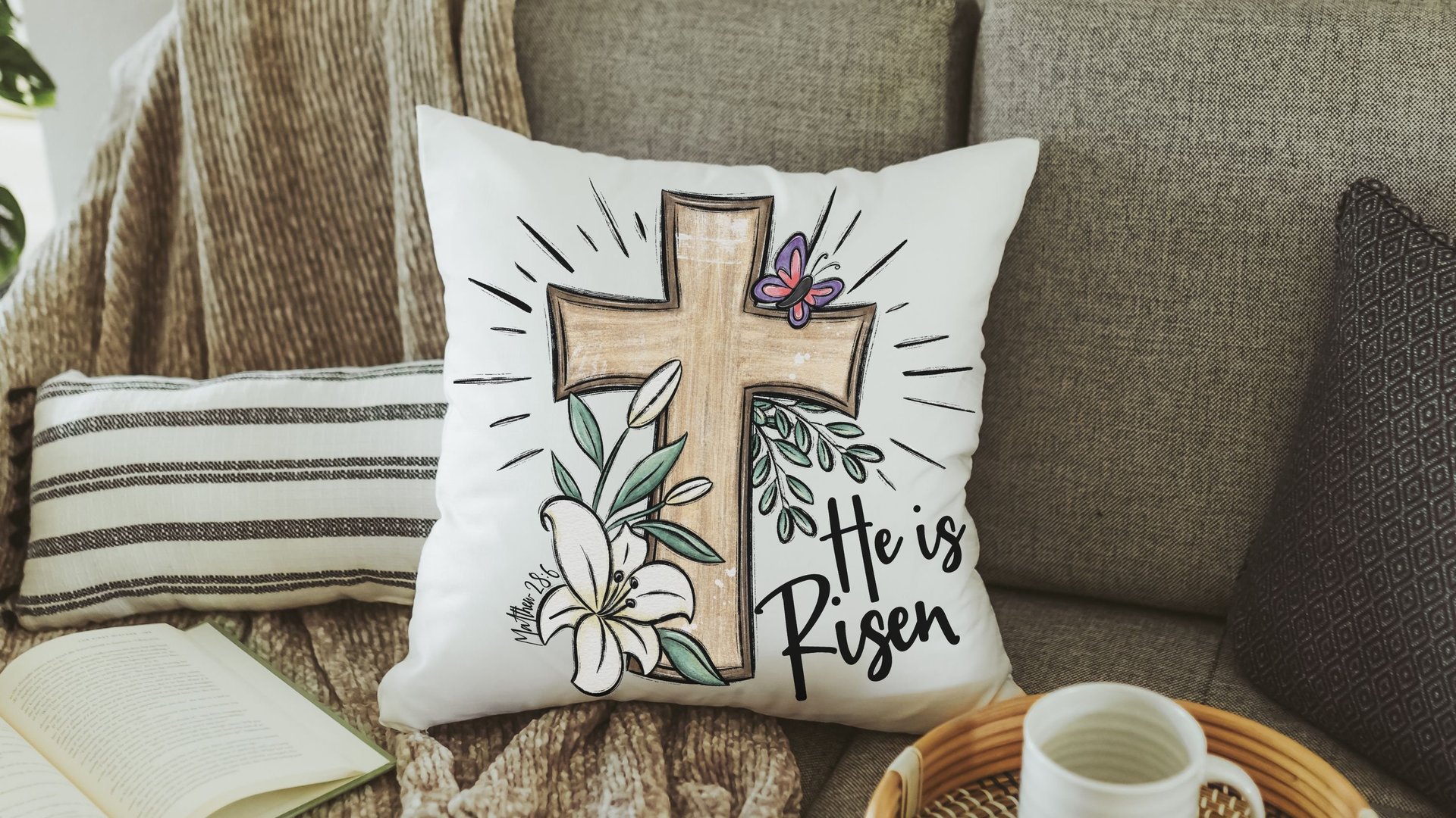 he is risen Easter cross Easter kitchen towels for Mom, Matthew 28:6 Christian Easter decor gift, religious hand towels for church, faith