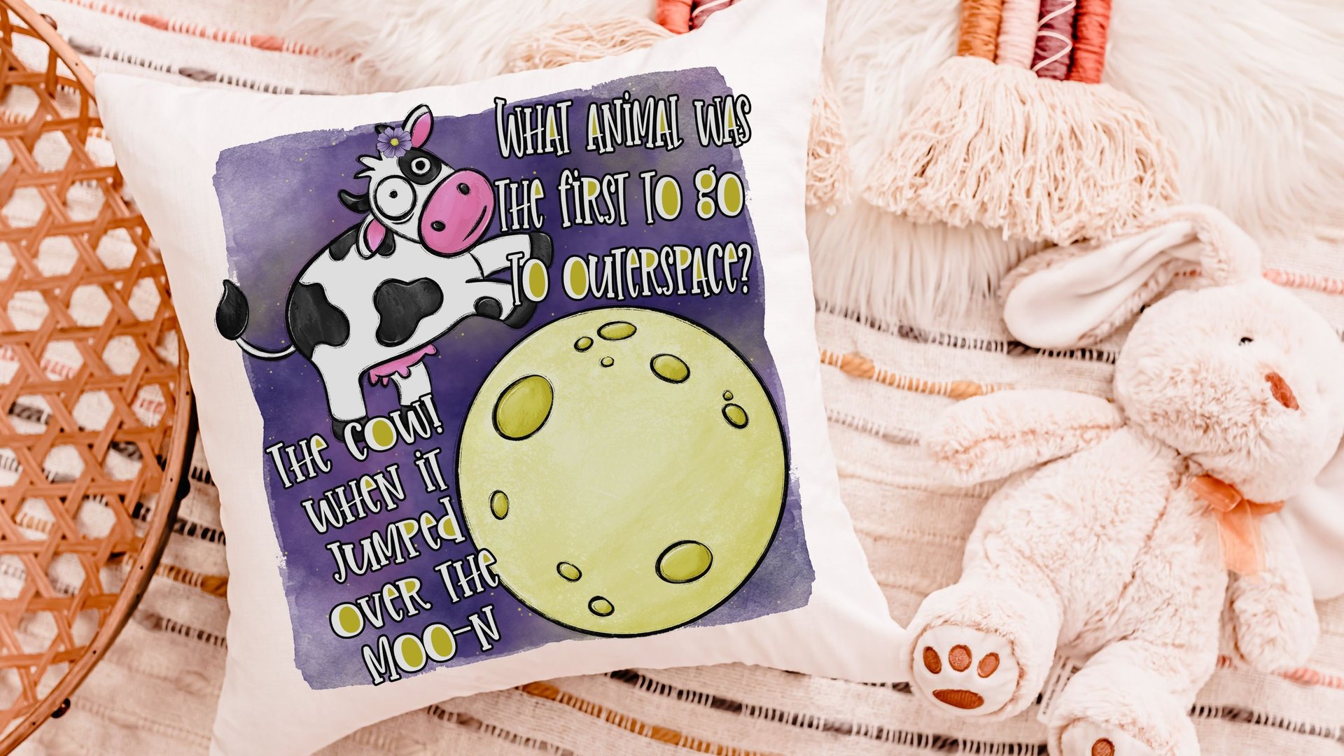 funny cow throw pillow for kids, nursery rhyme nursery decor, reading nook pillow, cute cow gifts for cow lovers, cow jumped over the moon