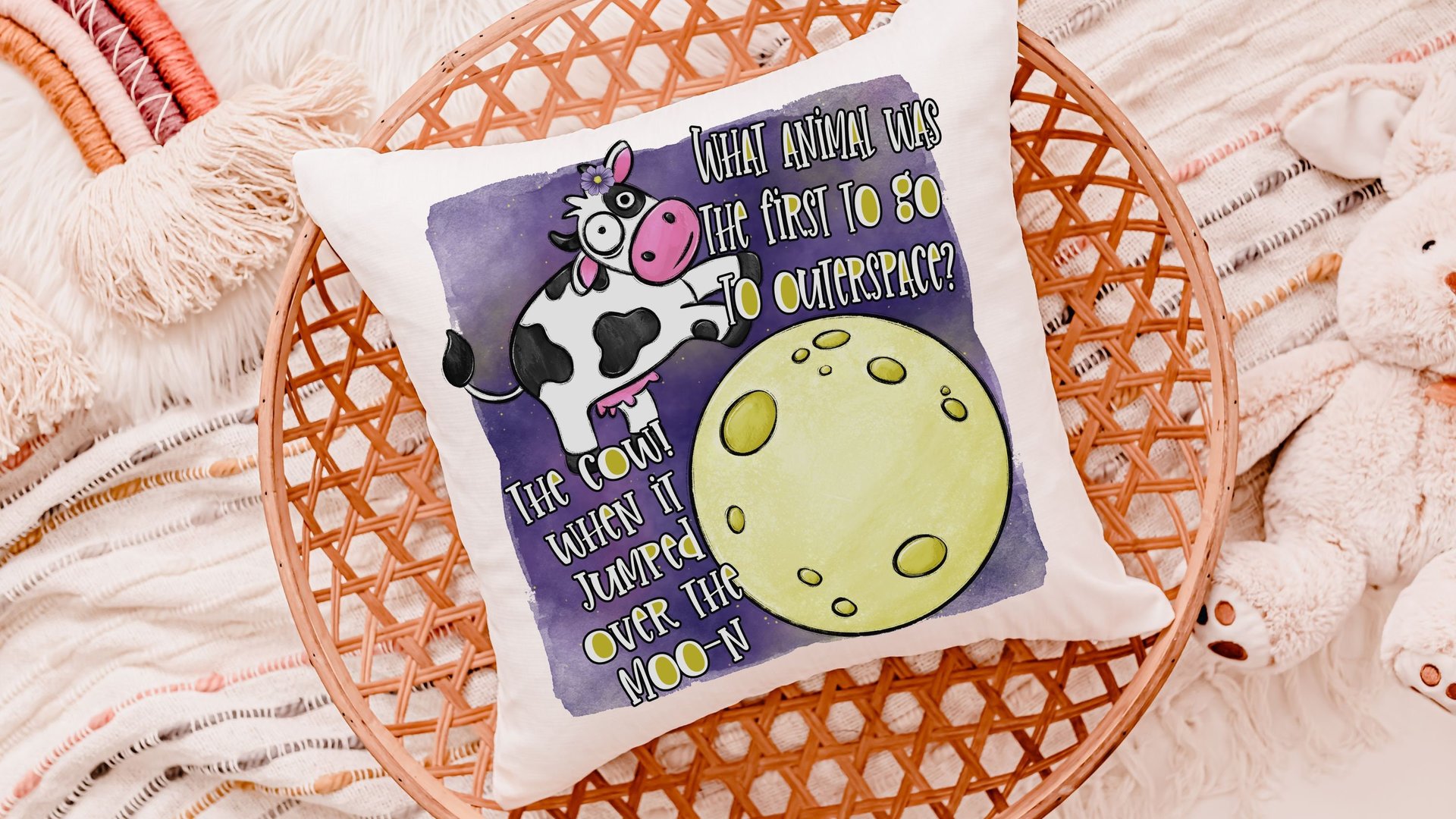 funny cow throw pillow for kids, nursery rhyme nursery decor, reading nook pillow, cute cow gifts for cow lovers, cow jumped over the moon