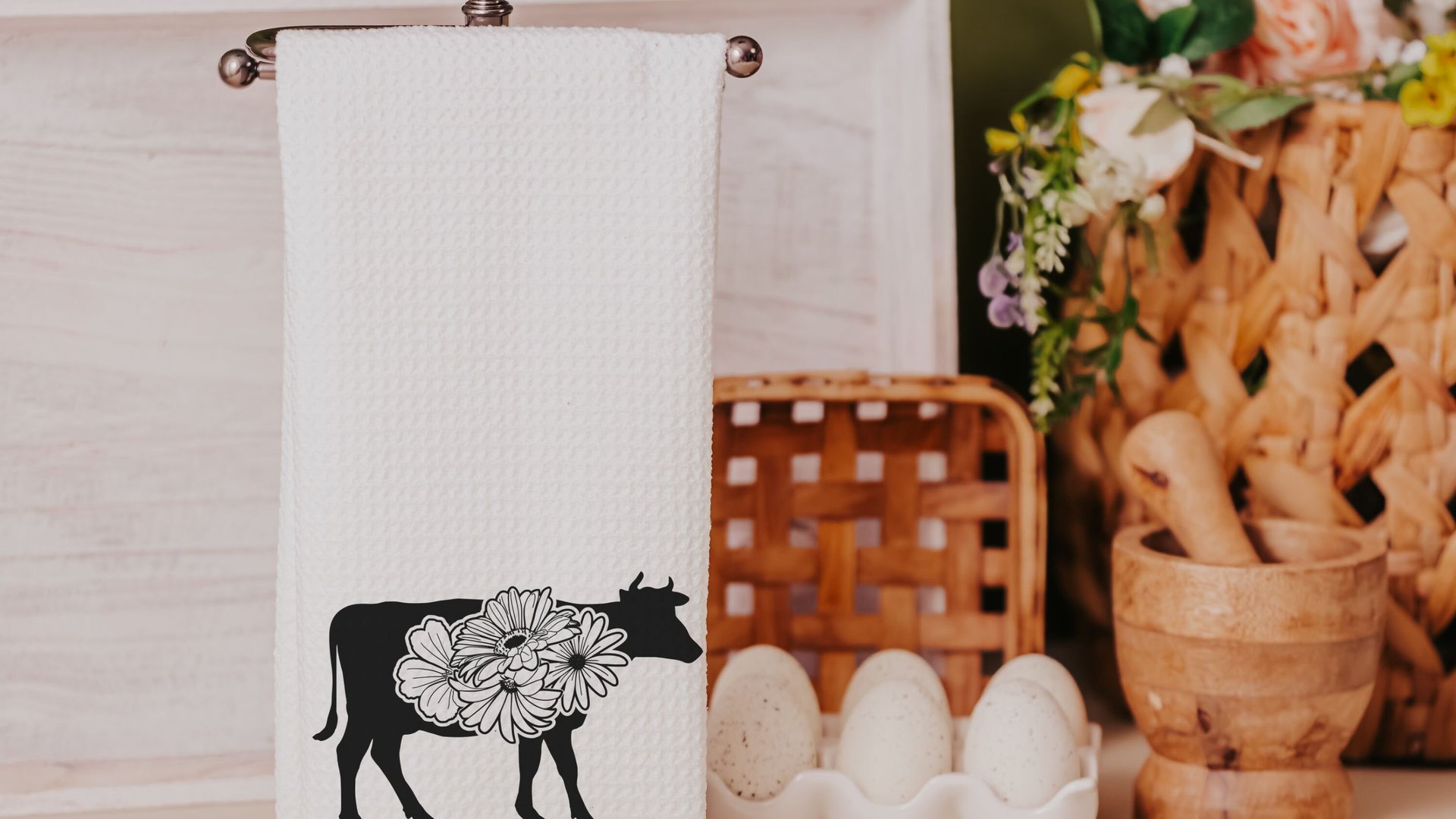 floral cow kitchen towels for Spring, black and white farmhouse kitchen decor, cute cow gifts for cow lovers, flower kitchen hand towels for