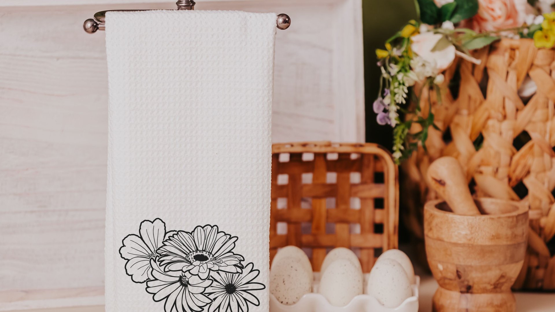 floral cow kitchen towels for Spring, black and white farmhouse kitchen decor, cute cow gifts for cow lovers, flower kitchen hand towels for