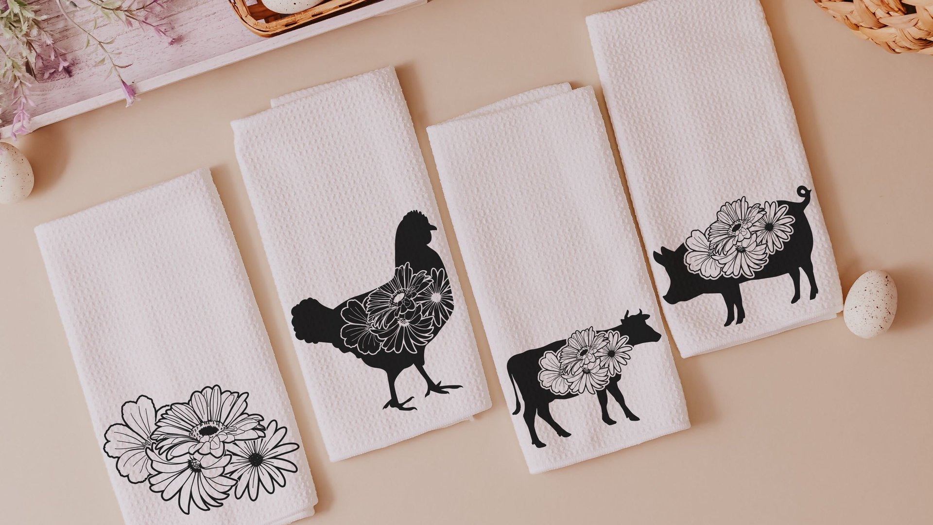 floral cow kitchen towels for Spring, black and white farmhouse kitchen decor, cute cow gifts for cow lovers, flower kitchen hand towels for