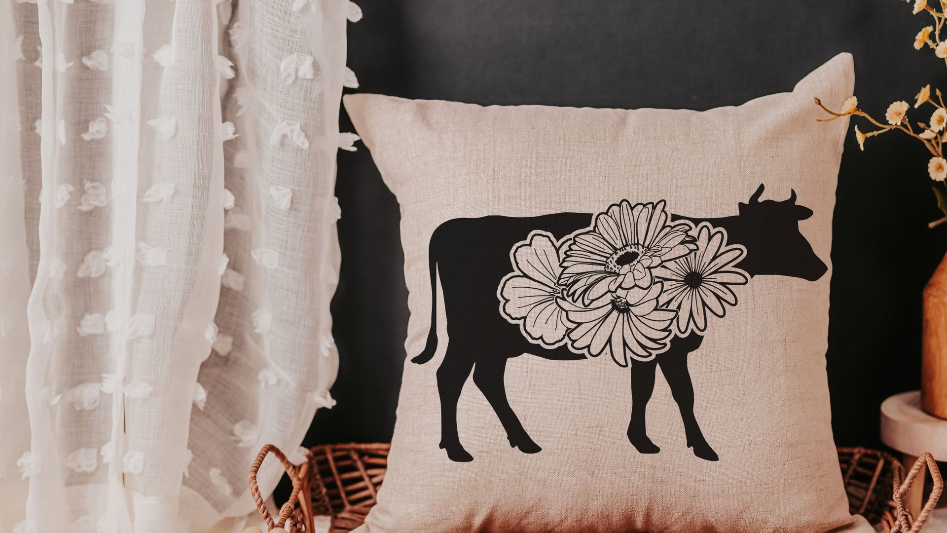 floral cow throw pillows for couch, black and white farmhouse decor living room throw pillow covers 18x18, cute cow gifts for cow lovers