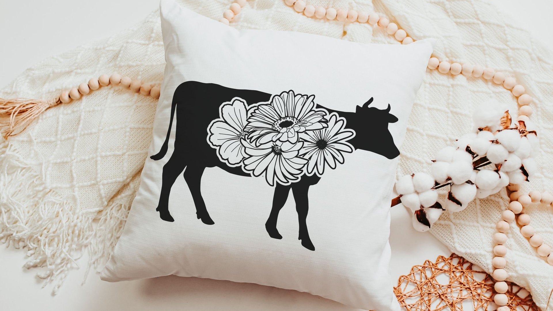 floral cow throw pillows for couch, black and white farmhouse decor living room throw pillow covers 18x18, cute cow gifts for cow lovers