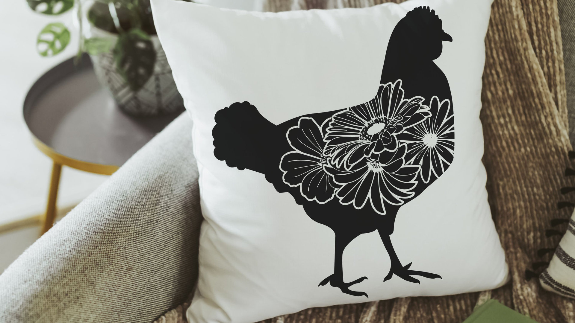 floral chicken throw pillows for couch, black and white farmhouse decor living room throw pillow covers 18x18, cute chicken gifts for women