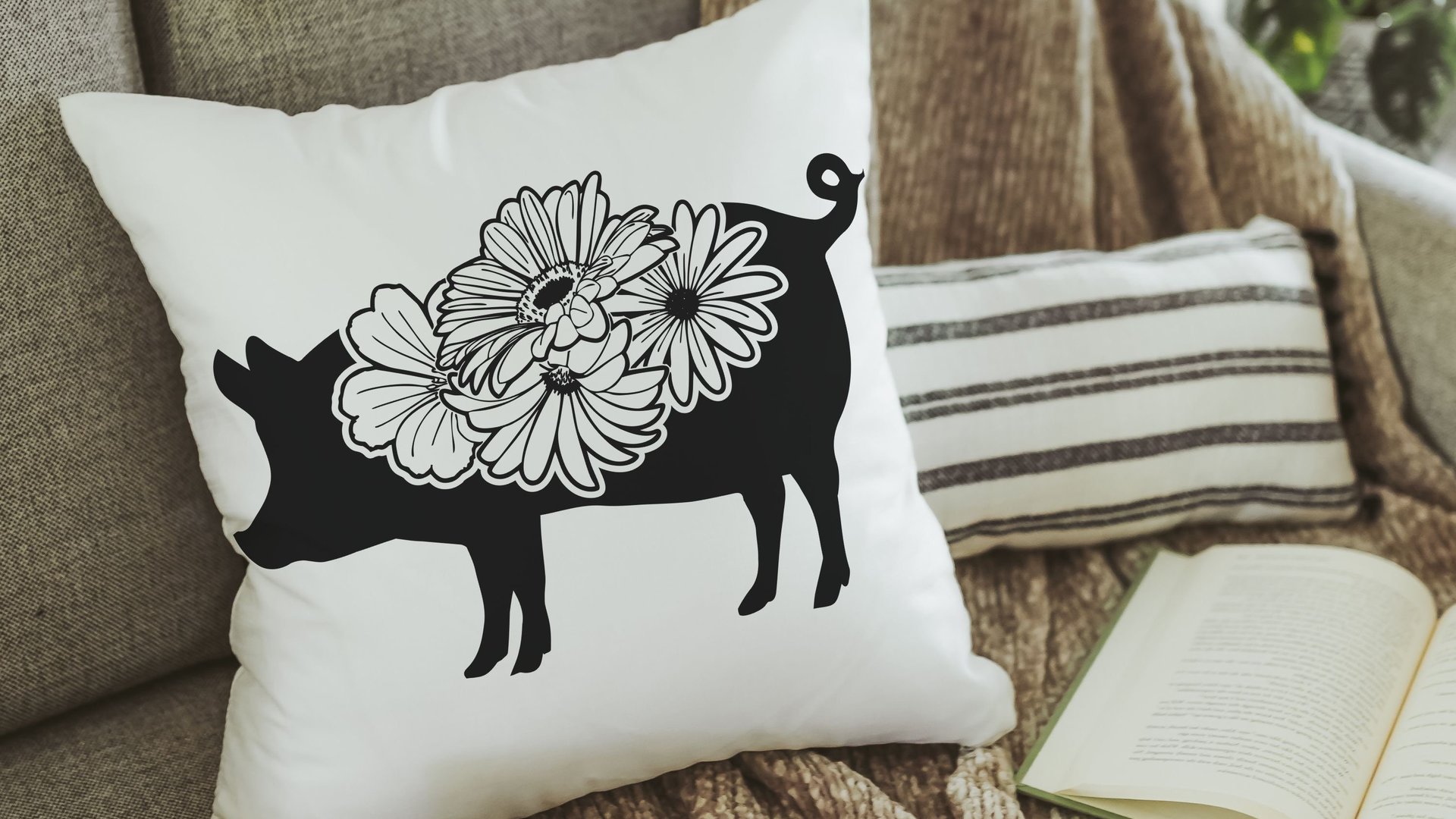 floral pig throw pillows for couch, black and white farmhouse decor living room throw pillow covers 18x18, cute pig gifts for pig lovers
