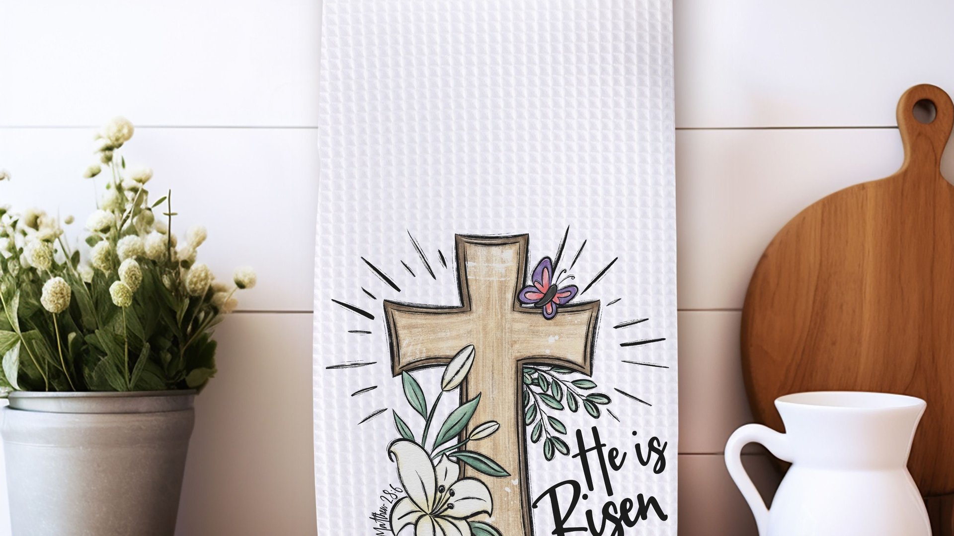 he is risen Easter cross Easter kitchen towels for Mom, Matthew 28:6 Christian Easter decor gift, religious hand towels for church, faith