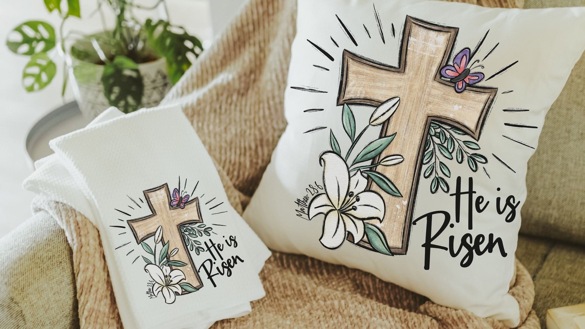 he is risen Easter cross Easter kitchen towels for Mom, Matthew 28:6 Christian Easter decor gift, religious hand towels for church, faith