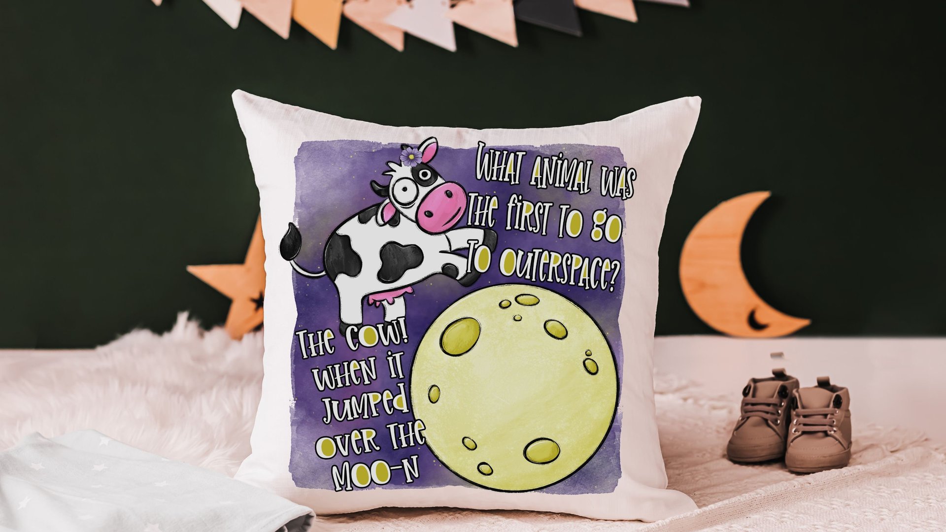 funny cow throw pillow for kids, nursery rhyme nursery decor, reading nook pillow, cute cow gifts for cow lovers, cow jumped over the moon