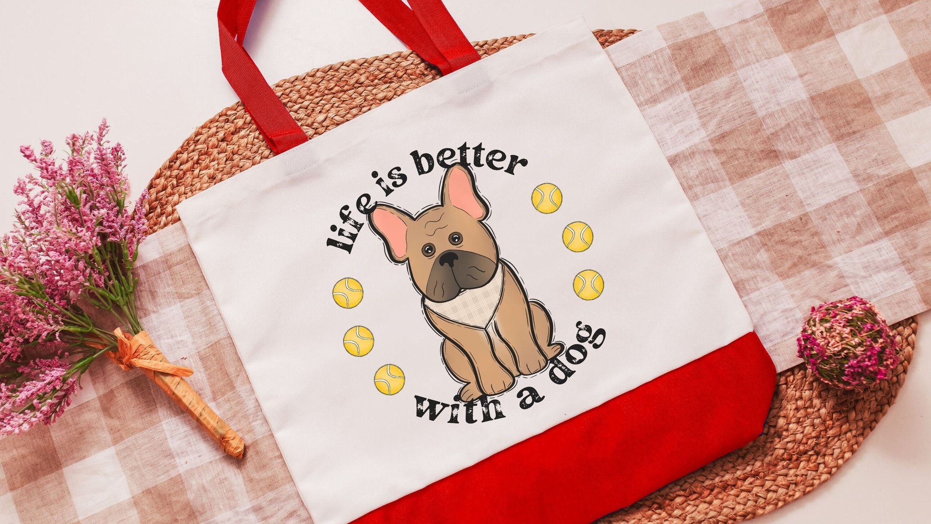 life is better with a dog French bulldog tote bag for books, Frenchie mom French bulldog gift for women, reusable grocery bag cute dog gifts