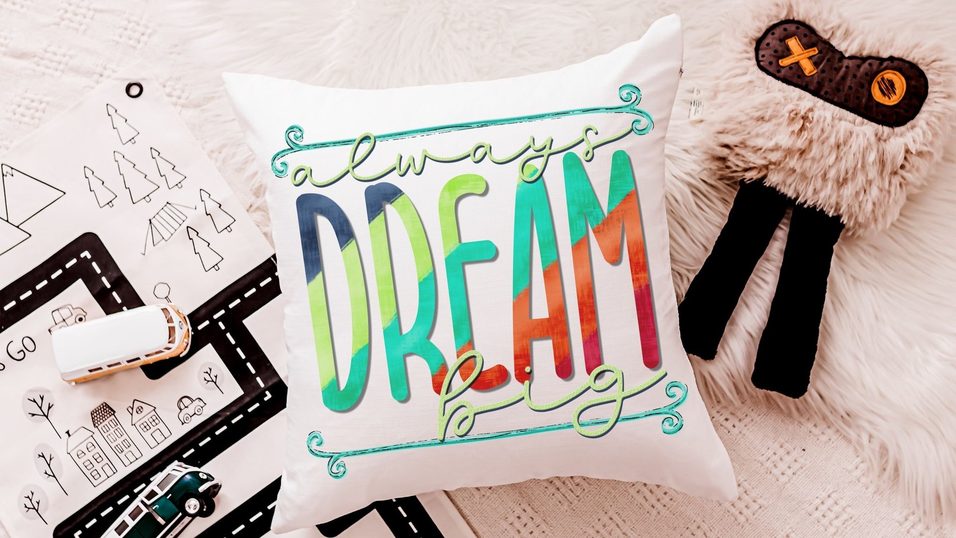 dream big inspirational throw pillows for kids, colorful nursery decor, reading nook pillow, toddler girl gifts, positive affirmations for
