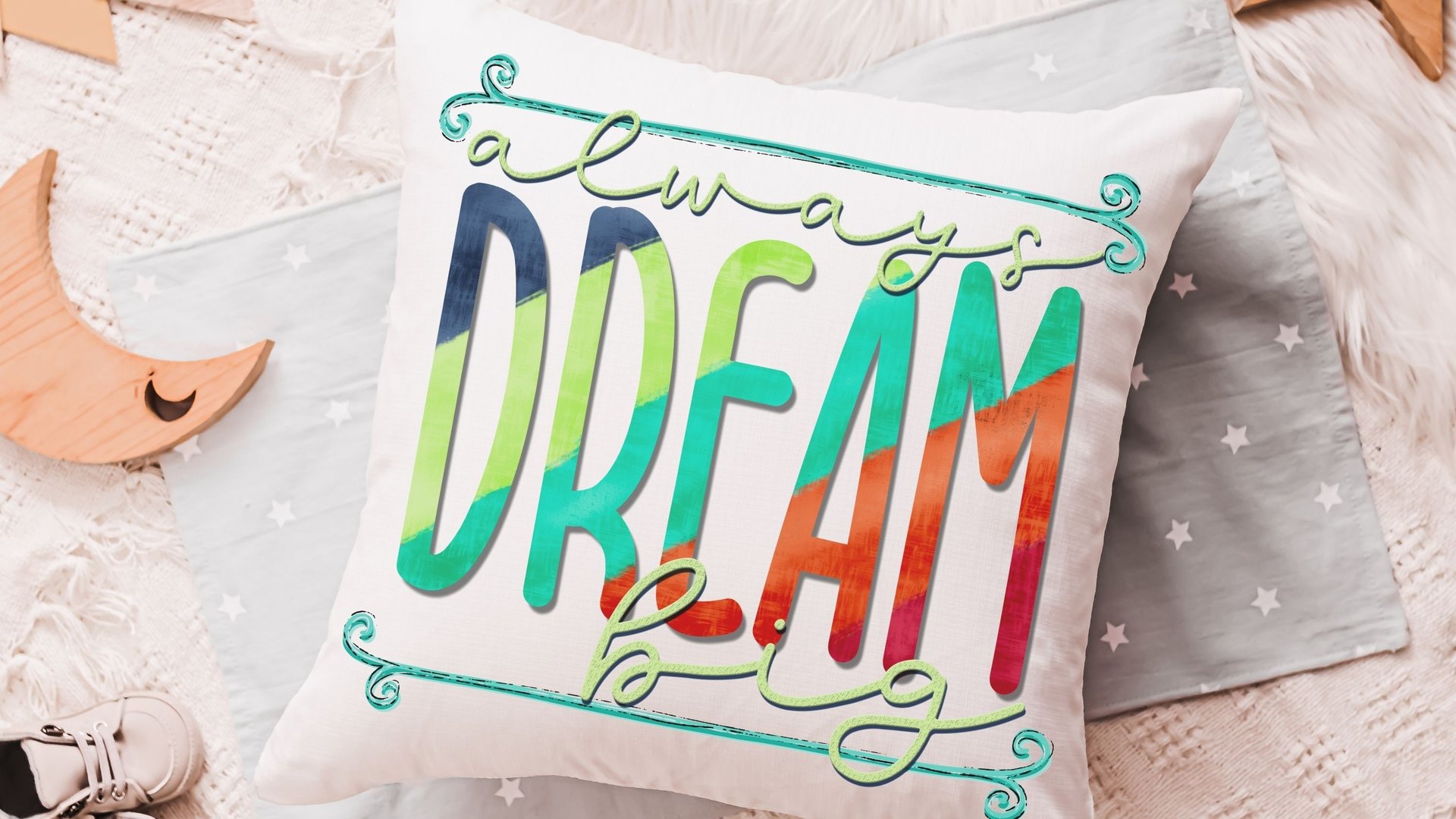 dream big inspirational throw pillows for kids, colorful nursery decor, reading nook pillow, toddler girl gifts, positive affirmations for