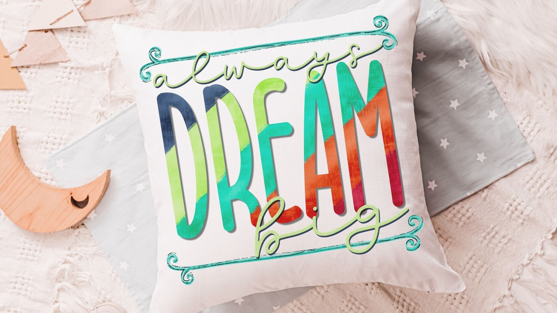 dream big inspirational throw pillows for kids, colorful nursery decor, reading nook pillow, toddler girl gifts, positive affirmations for