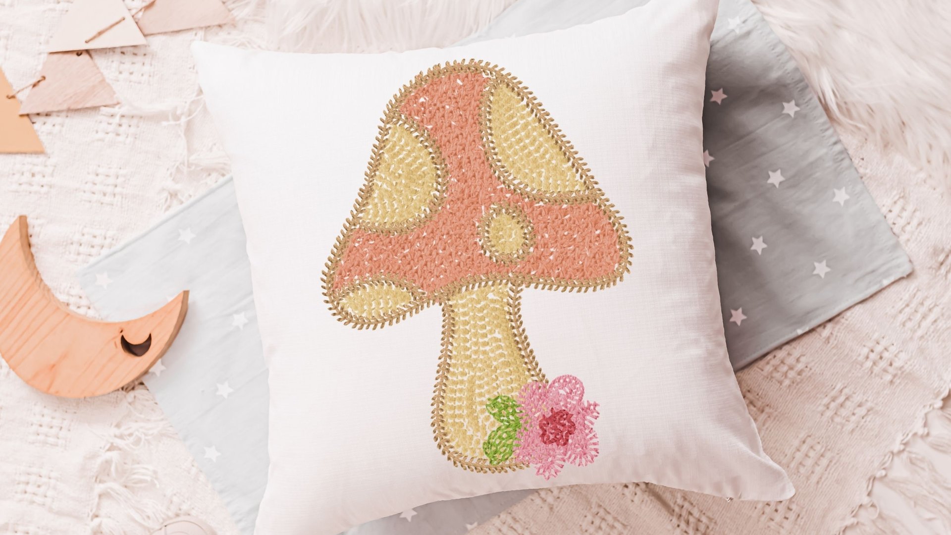 whimsical mushroom throw pillow for rocking chairs, cute mushroom decor for nursery, reading nook pillow, woodland baby shower gift girl
