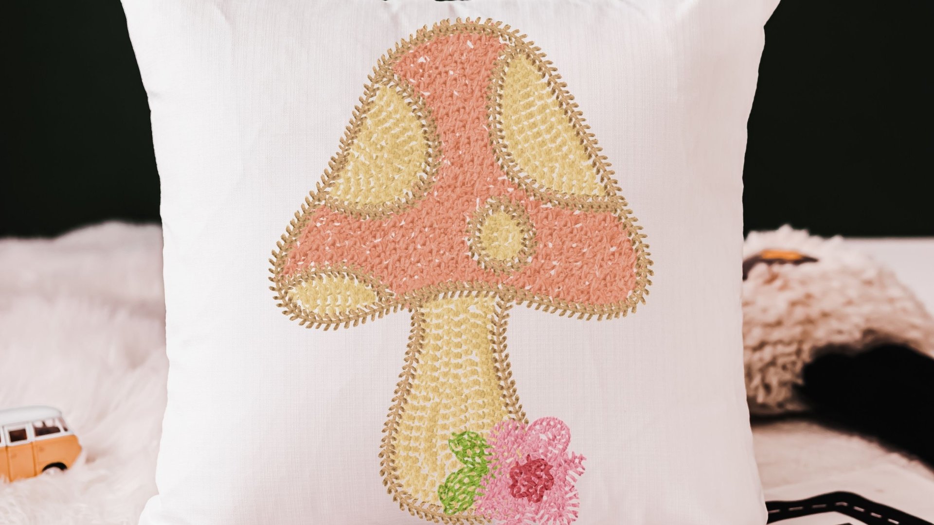 whimsical mushroom throw pillow for rocking chairs, cute mushroom decor for nursery, reading nook pillow, woodland baby shower gift girl