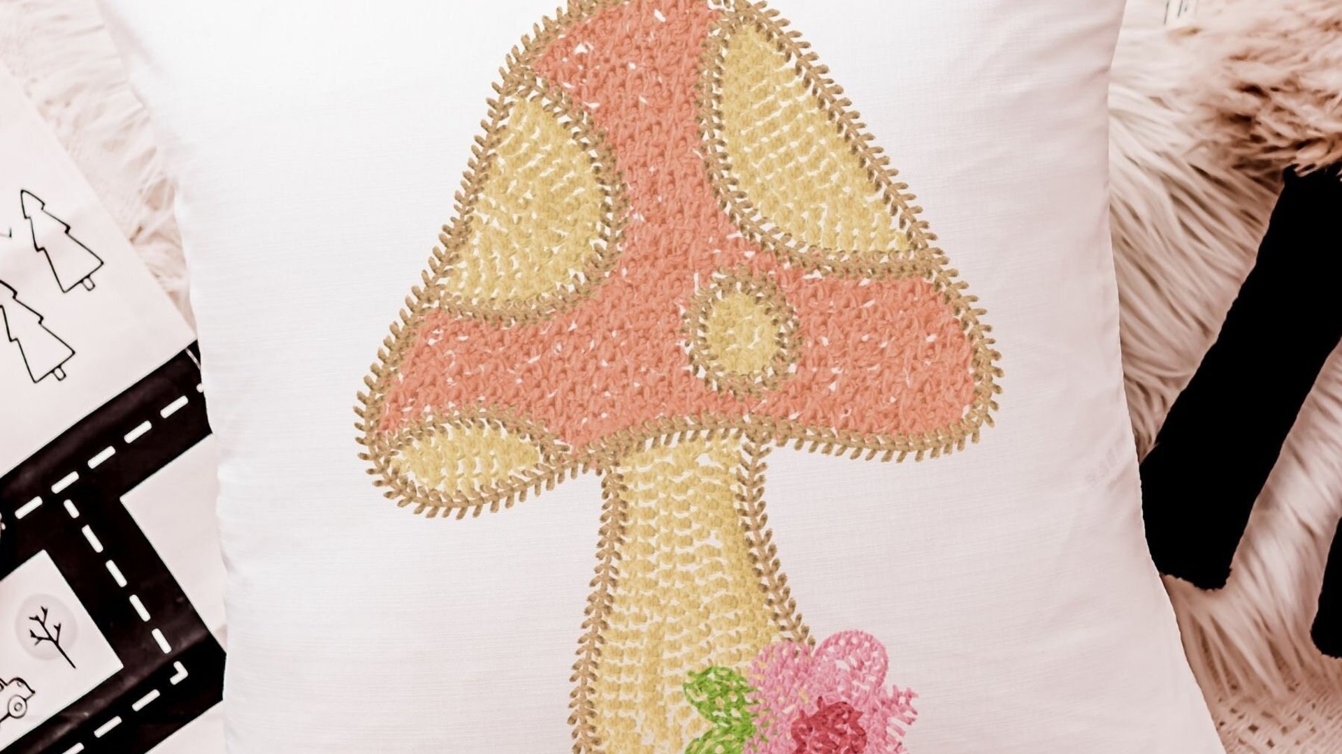 whimsical mushroom throw pillow for rocking chairs, cute mushroom decor for nursery, reading nook pillow, woodland baby shower gift girl